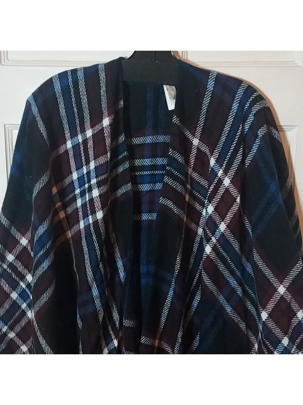 LOFT Outlet Black Blue Checkered Fringe Poncho One Size